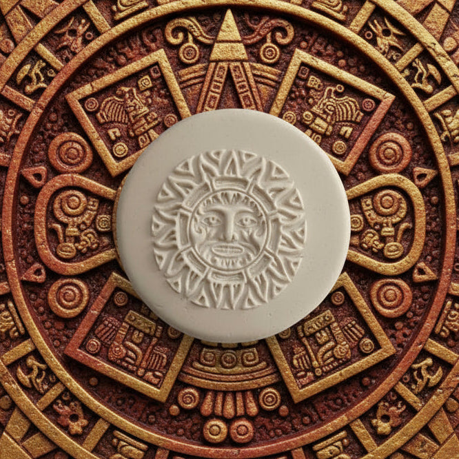 A round stamped clay featuring an embossed Aztec sun design.