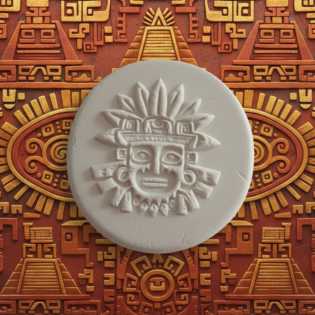 A round stamped clay featuring an embossed Aztec face design.