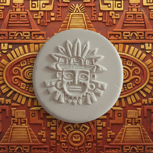 A round stamped clay featuring an embossed Aztec face design.