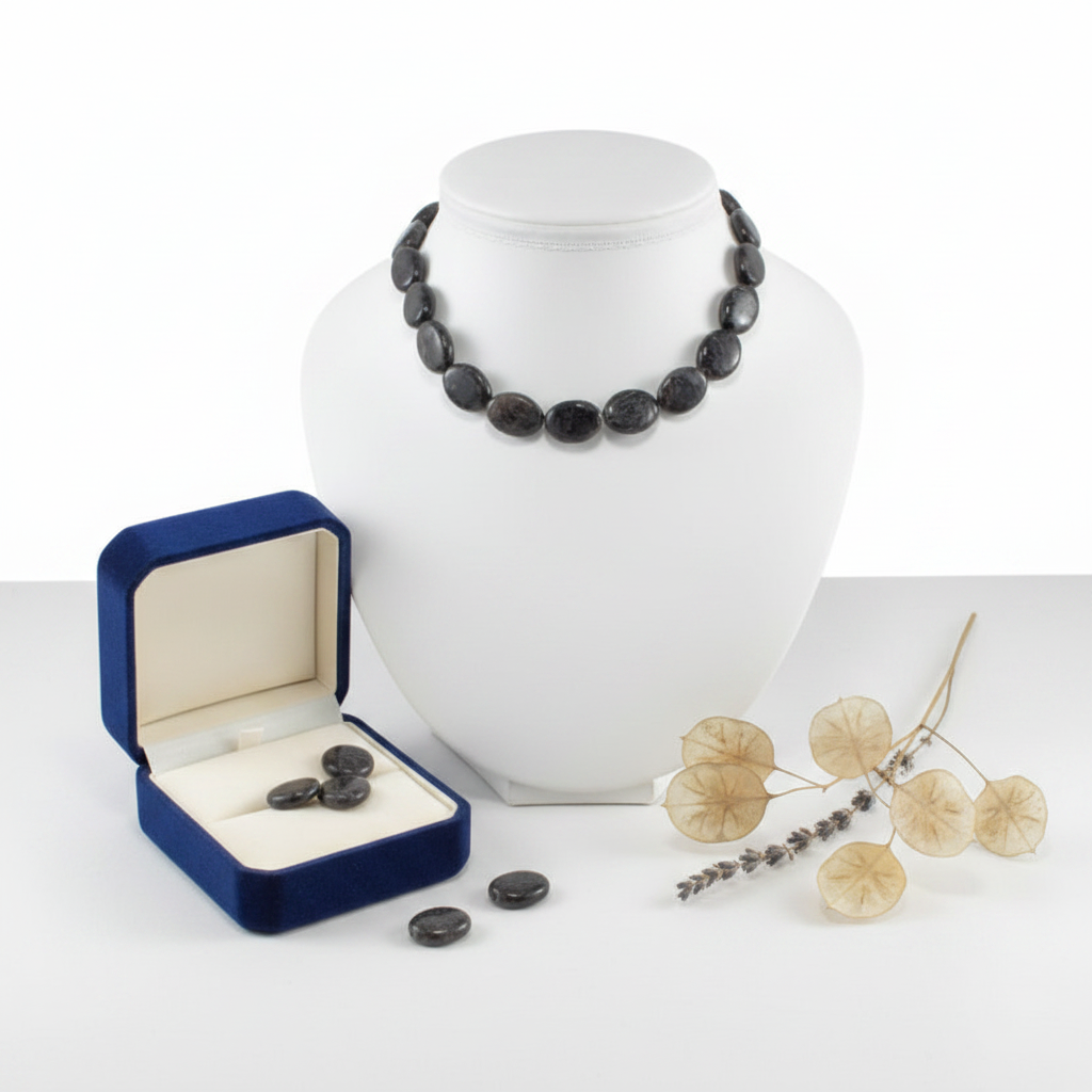 Black stone necklace on a mannequin bust with an open blue jewelry box containing stones, all on a white background.