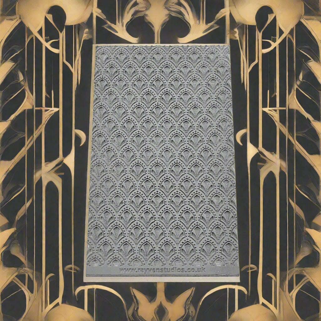 A texture mat of art deco arches debossed.  Will have an embossed design on metal clay or polymer.
