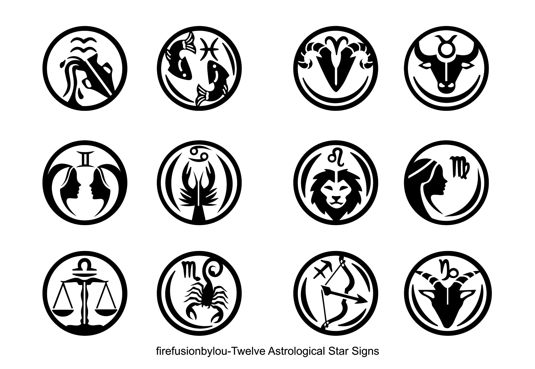 A set of twelve black circular astrological zodiac symbols arranged in a 3x4 grid on a white background, with the text 'firefionbylou-Twelve Astrological Star Signs' below.