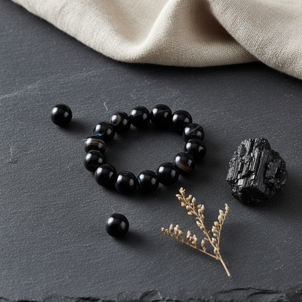 Black beaded bracelet on a dark surface with a piece of fabric and a natural element.
