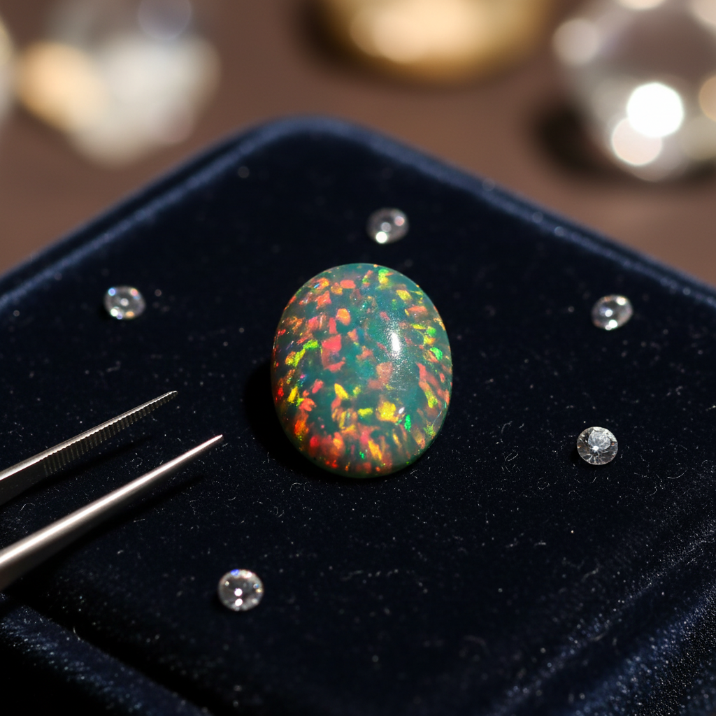 Multicolored opal stone on a dark surface with tweezers