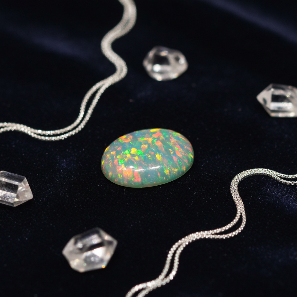 Opal stone with silver chains and crystals on a dark background