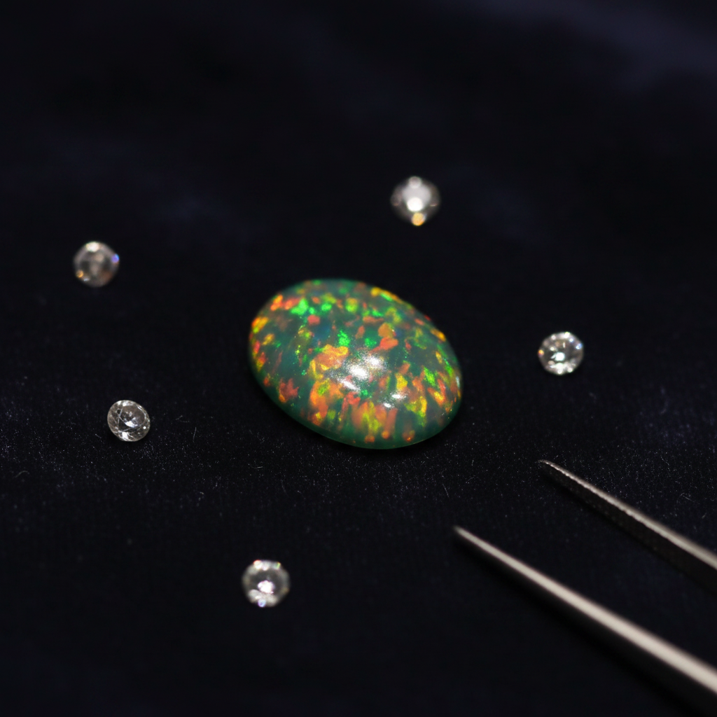 Opal stone with diamonds on a dark background