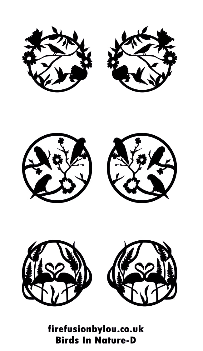 Six black circular bird and floral stencil or decal designs arranged on a white background, with the text 'firefusionbylou.co.