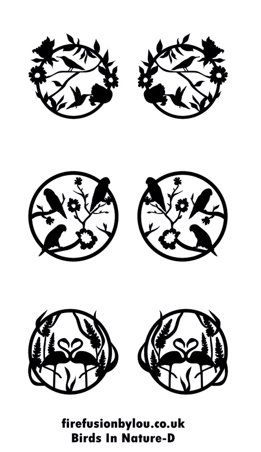 Six black circular bird and floral stencil or decal designs arranged on a white background, with the text 'firefusionbylou.co.
