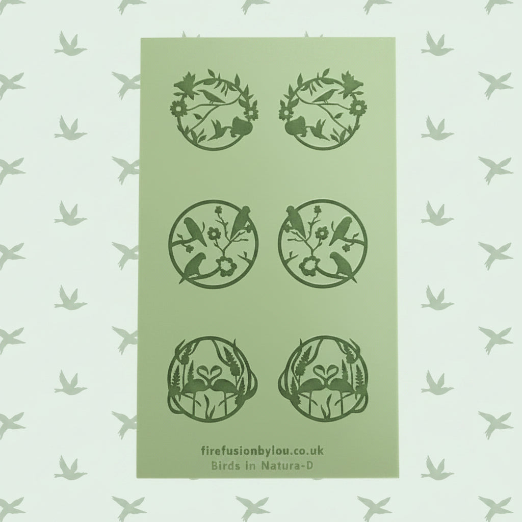 A texture mat with six circular floral and birds debossed cavities. The brand name firefusionbylou.co.uk