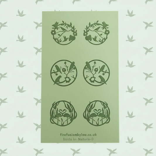 A texture mat with six circular floral and birds debossed cavities. The brand name firefusionbylou.co.uk
