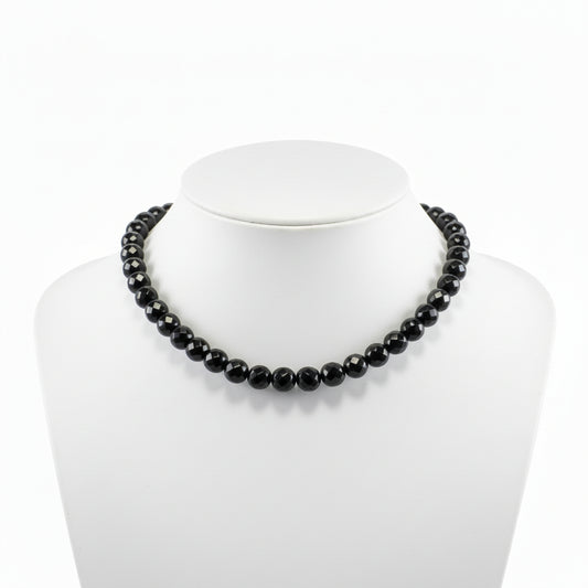 "Black Agate faceted round beads 10mm with sparkling finish on white background"