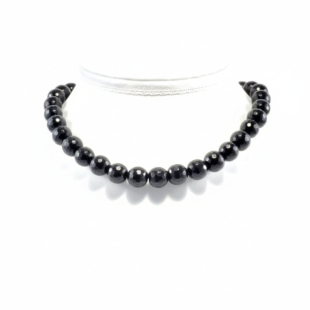 "Black Agate faceted round beads 12mm with sparkling finish on white background"
