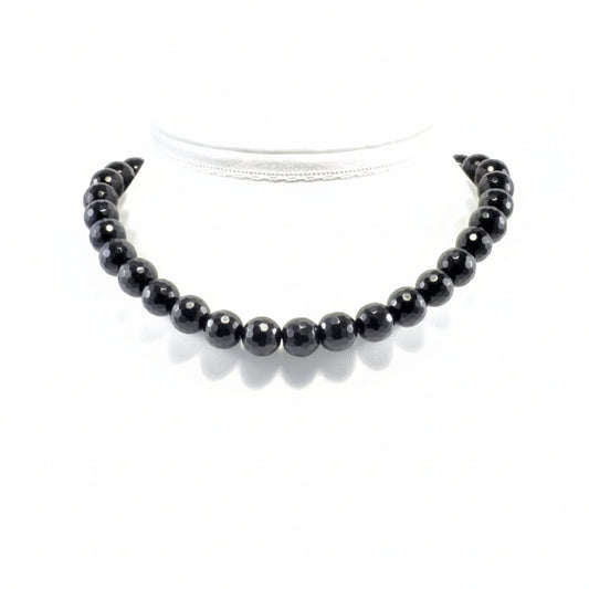 "Black Agate faceted round beads 12mm with sparkling finish on white background"