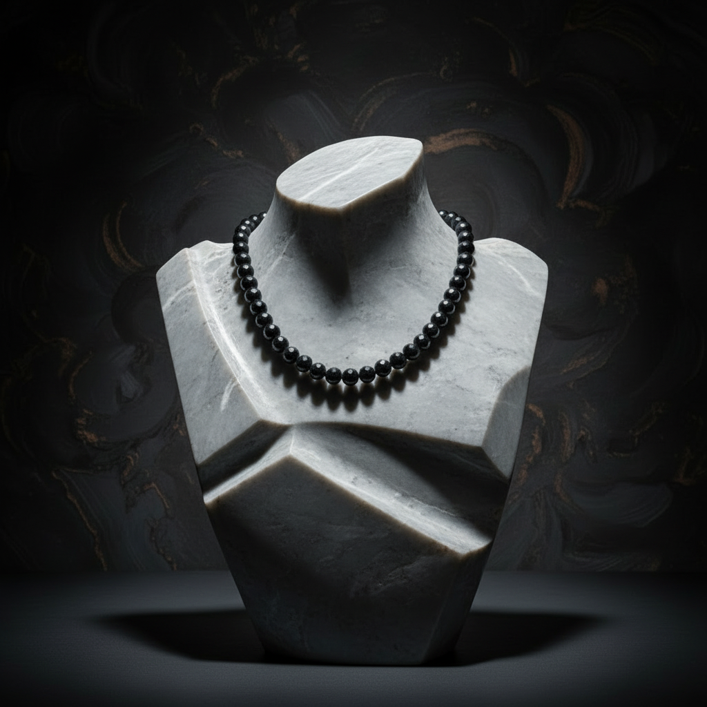 Black beaded necklace on a white marble bust against a dark background