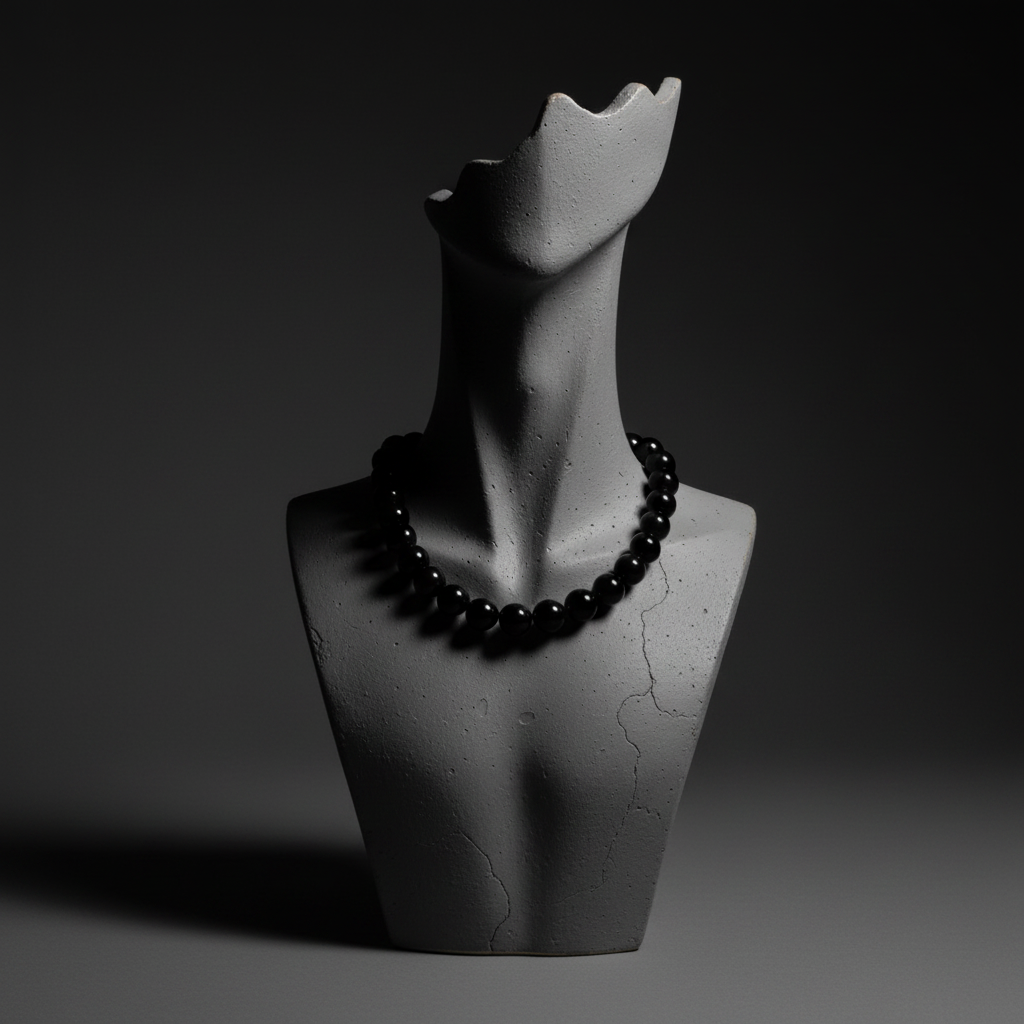 Ceramic bust with a black beaded necklace on a dark background