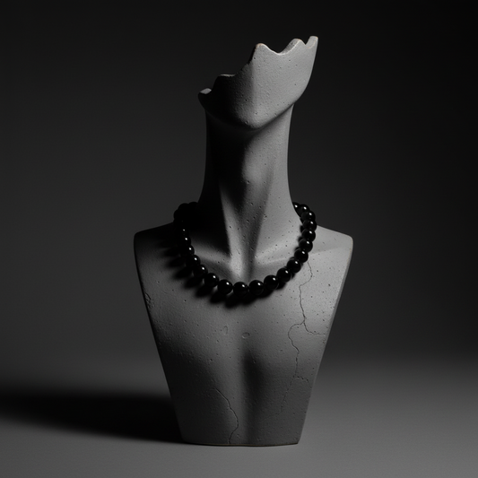 Ceramic bust with a black beaded necklace on a dark background