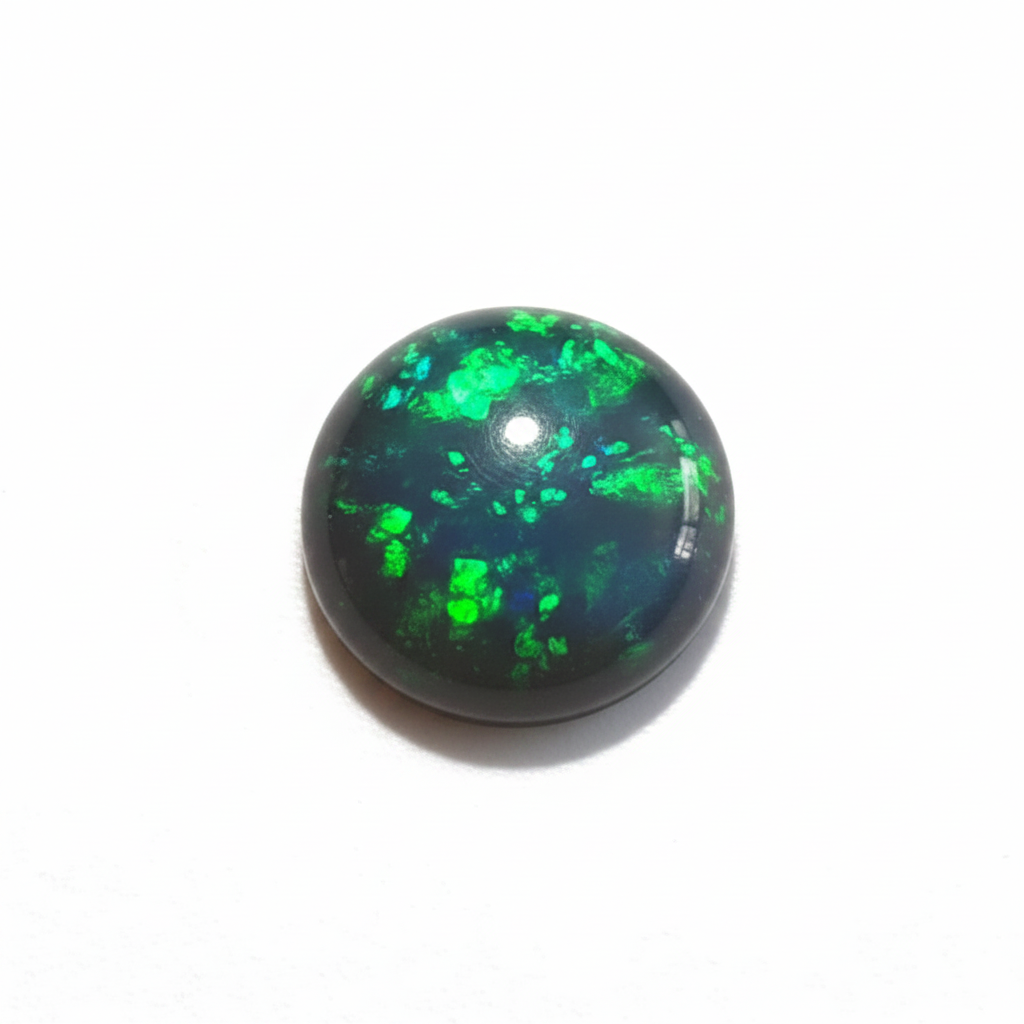 A round cabochon gemstone with a dark gray to black base showing vibrant green and blue opal flashes, photographed on a plain white surface.