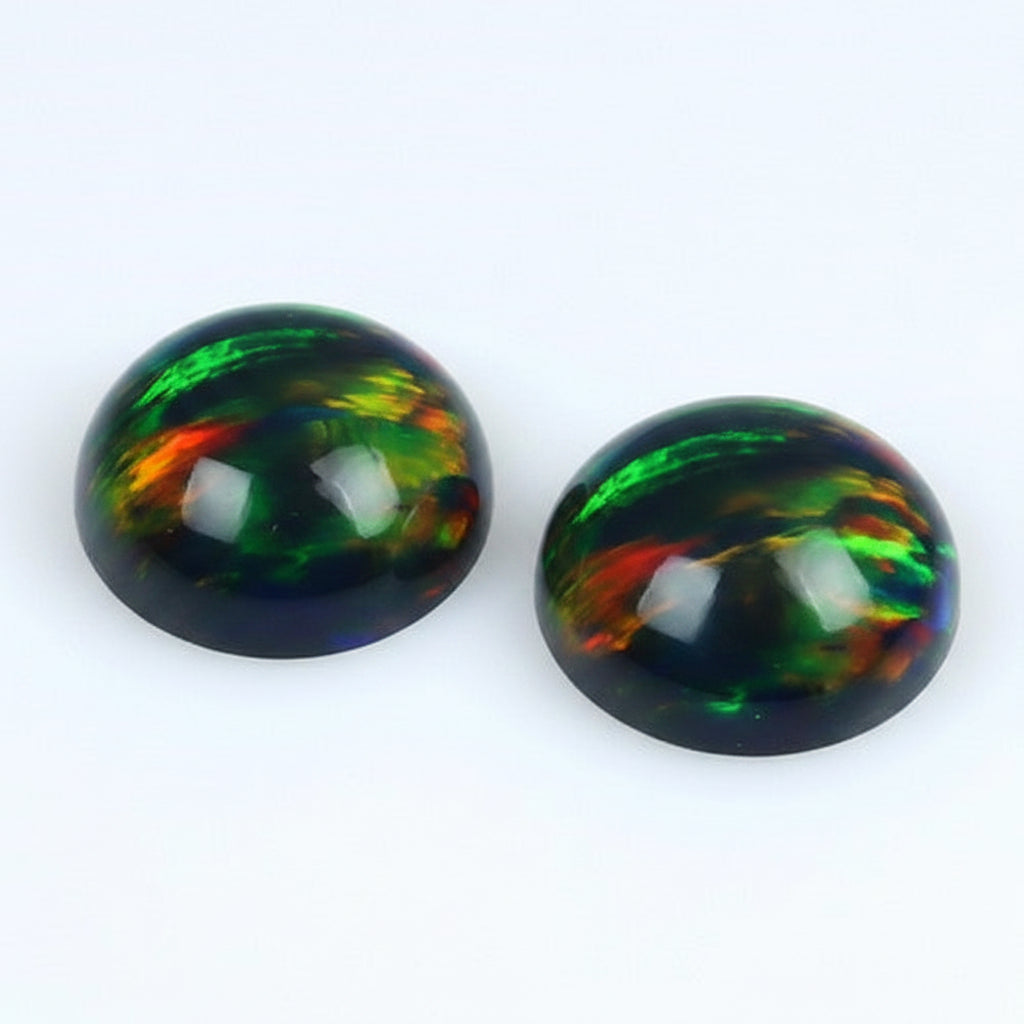 Two round polished opal gemstone balls with vibrant iridescent colors including green, orange, yellow, and blue on a white background.