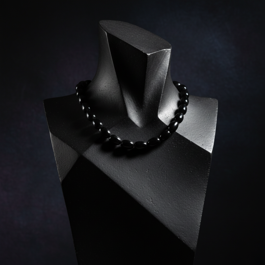 Black beaded necklace on a black mannequin against a dark background