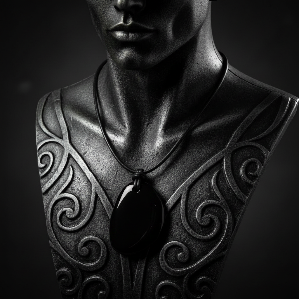 Decorative bust with intricate patterns and a pendant on a dark background