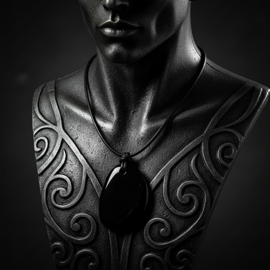 Decorative bust with intricate patterns and a pendant on a dark background