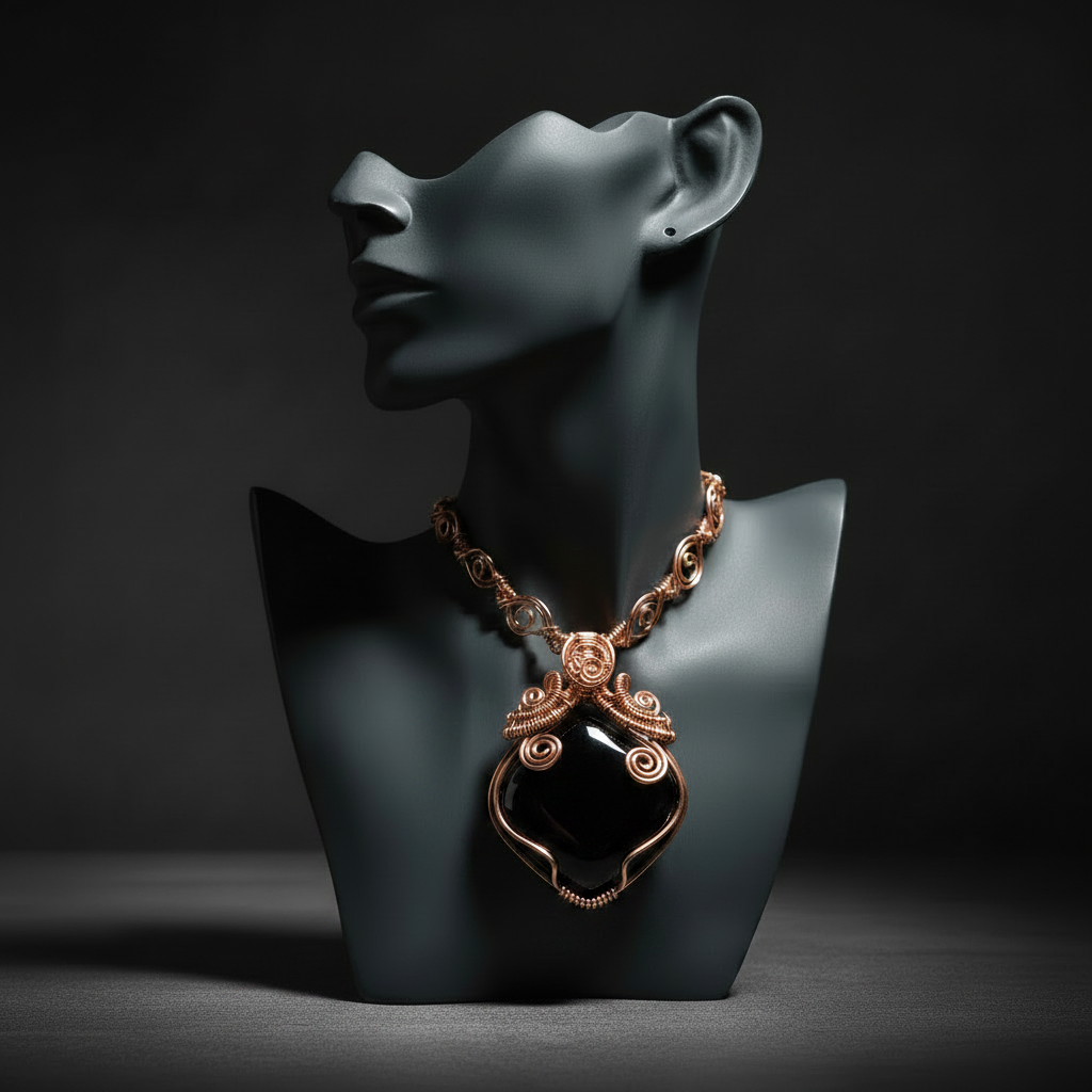 Jewelry necklace on a black mannequin bust against a dark background
