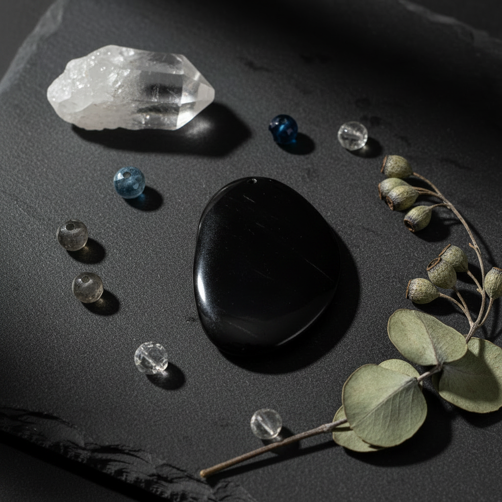 Black stone, crystals, and eucalyptus leaves on a dark surface