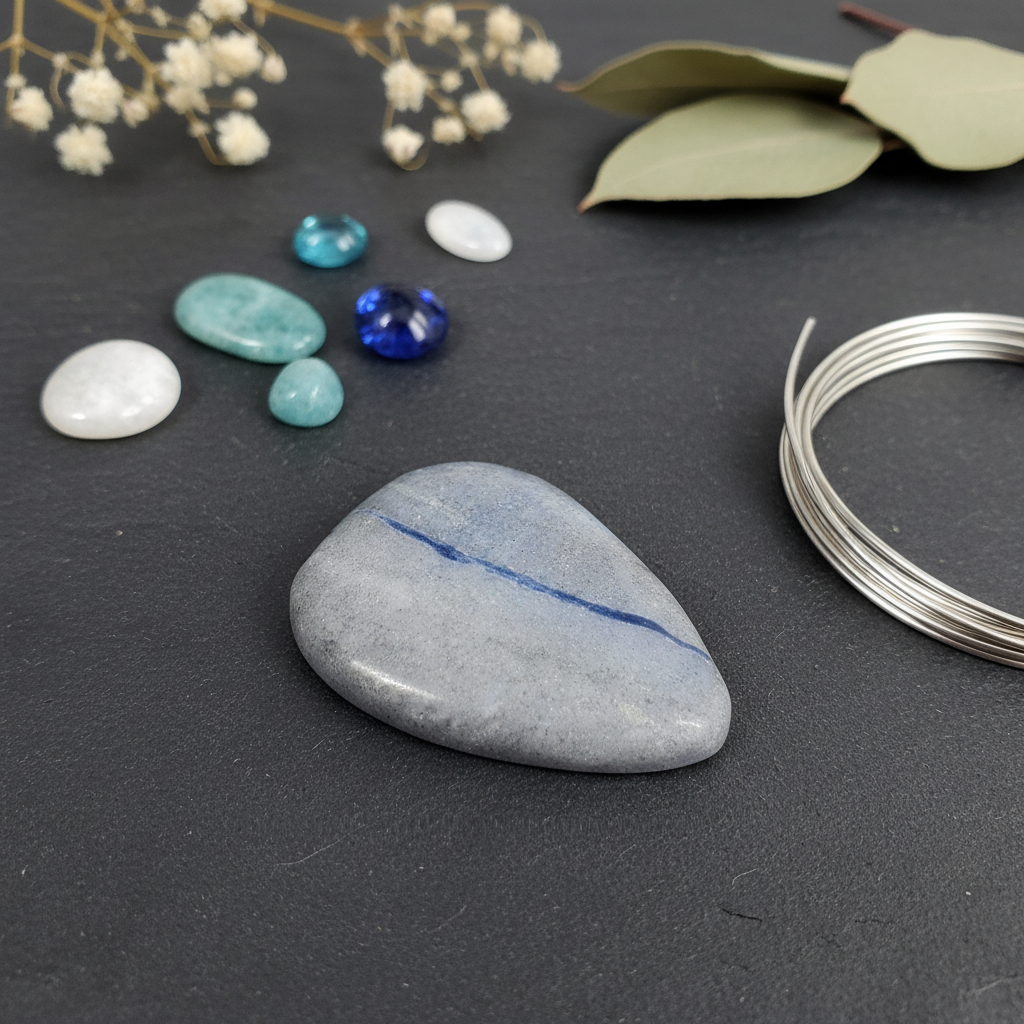 Gray stone with blue line, turquoise stones, blue gemstone, silver wire on dark surface with flowers and leaves.