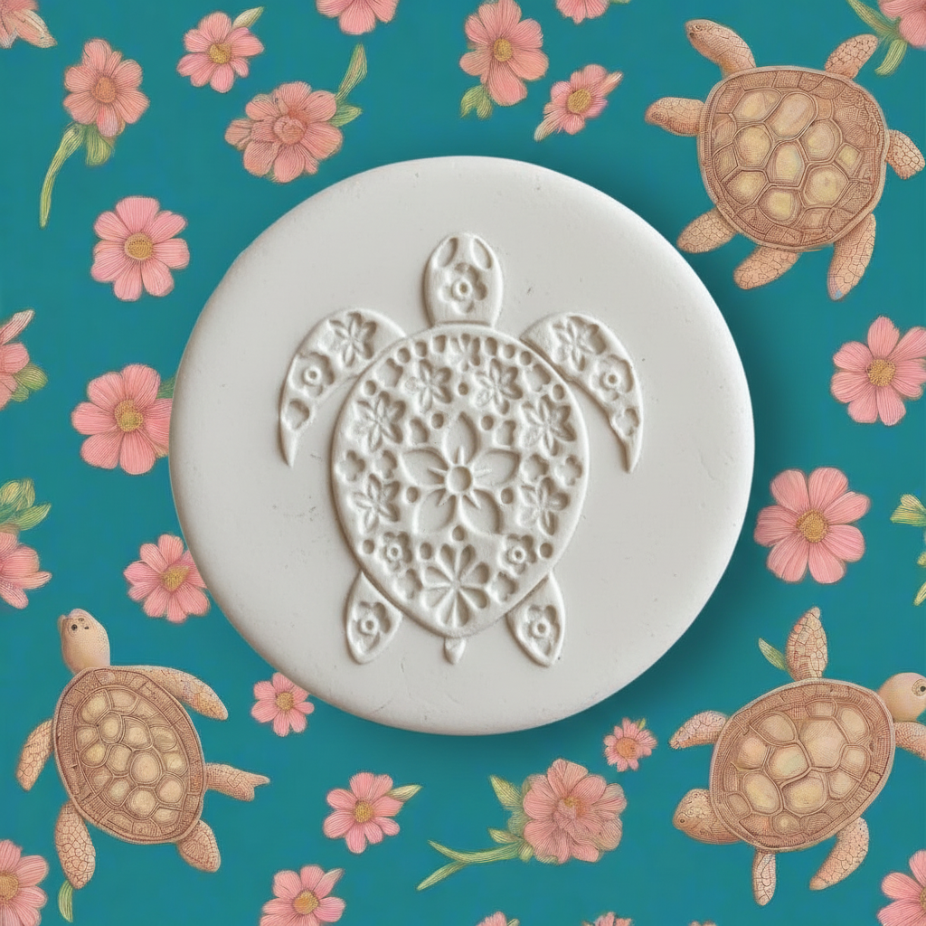 Decorative turtle stamp clay on a blue background with floral patterns