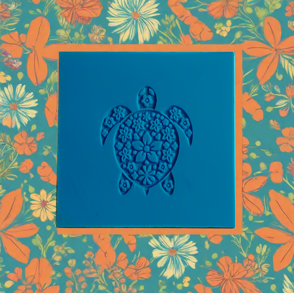 Blue turtle rubber stamp on a floral background.