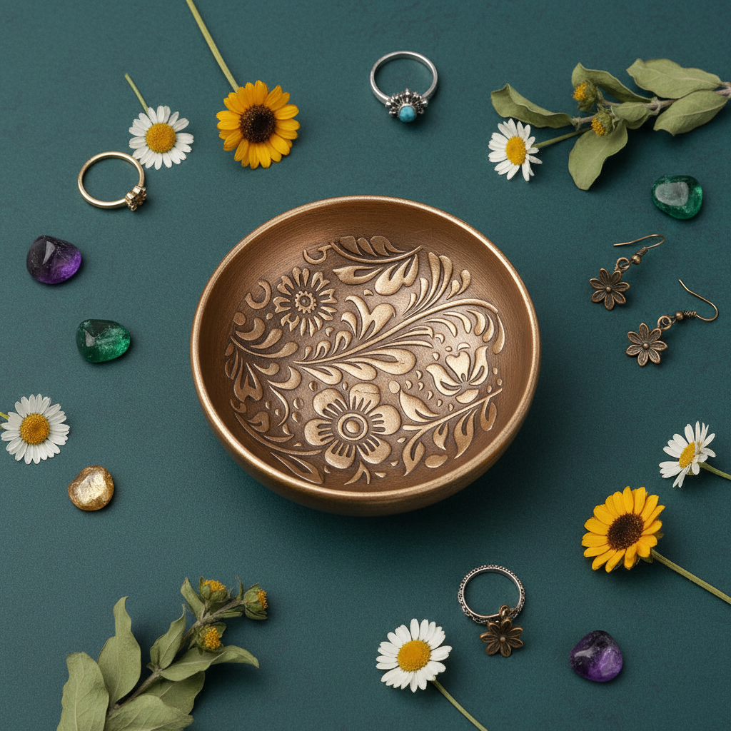 An oval bronze-toned bowl with an embossed floral pattern, styled in a flat-lay arrangement on a dark teal background with flowers, rings, earrings, and gemstones.