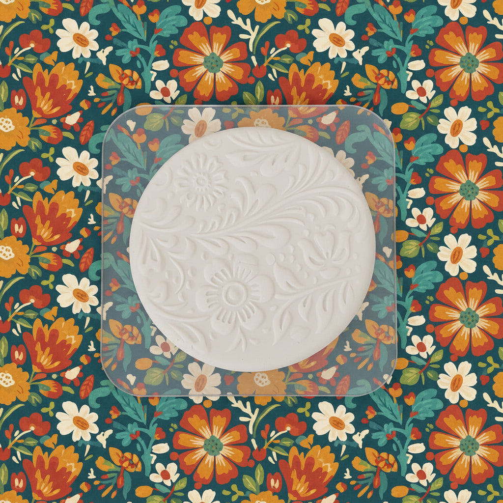 A round clay stamp with an embossed floral and leaf pattern, resting on a clear, square plastic display block.