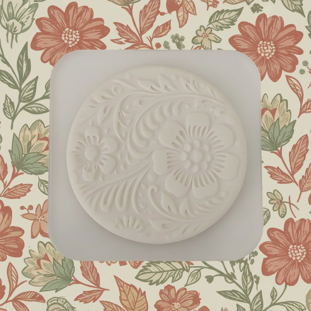A clay stamp with an embossed floral pattern, resting on a square, translucent white silicone or plastic.