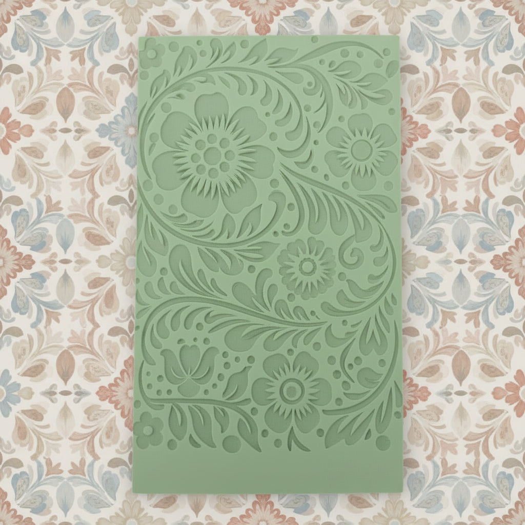 A sage green texture mat featuring an embossed floral and scroll pattern.