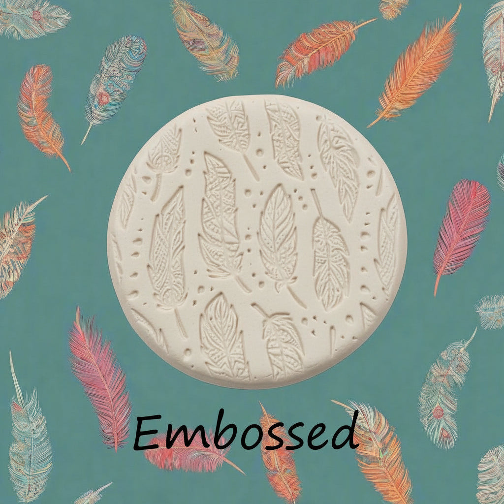 Boho Feathers design debossed in clay using an embossed texture mat. 