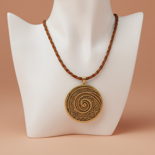 Bronze spiral pendant necklace on a white mannequin bust with a brown cord.