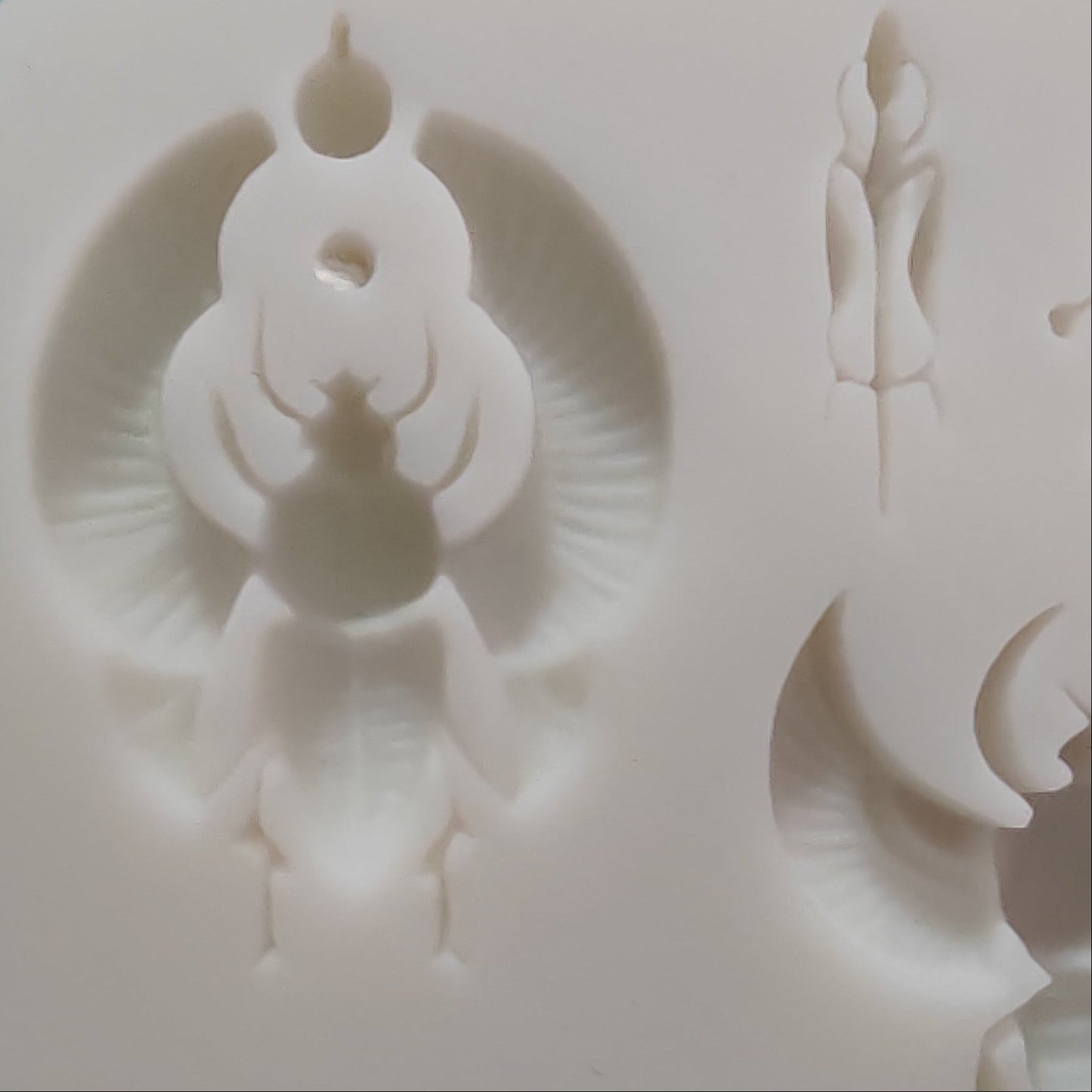 A white silicone mold tray with multiple cavities, including one large beetle.