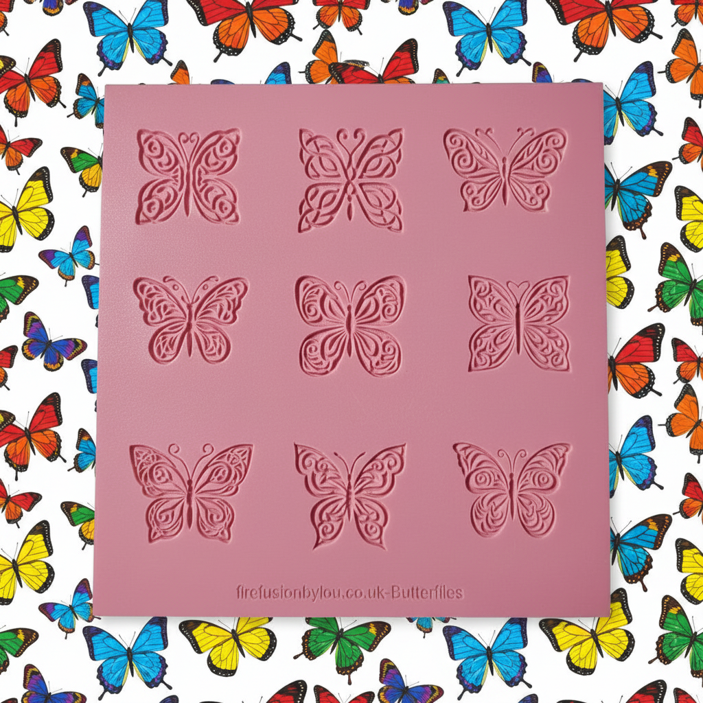 A pink rectangular texture mat with nine embossed butterfly designs arranged in a 3x3 grid, shown against a white background patterned with colourful butterflies. Small text at the bottom reads 'firefusionbyyou.co.uk'