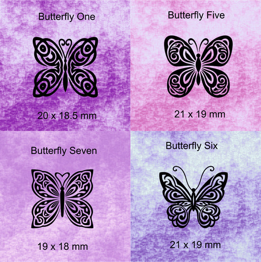 Four butterfly designs with dimensions on a purple and pink gradient background