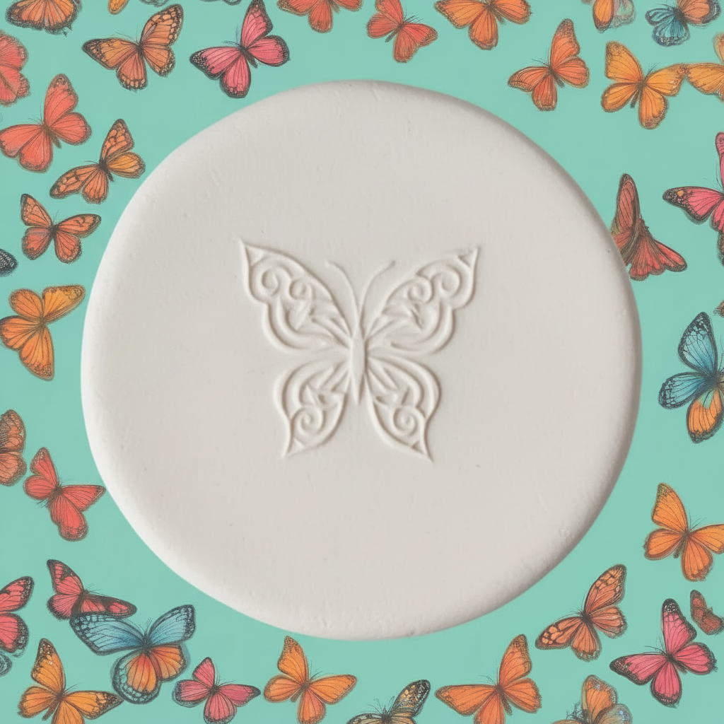 A round white clay stamp with an embossed butterfly design in the centre, surrounded by a border of colourful artificial butterflies on a matching green background.