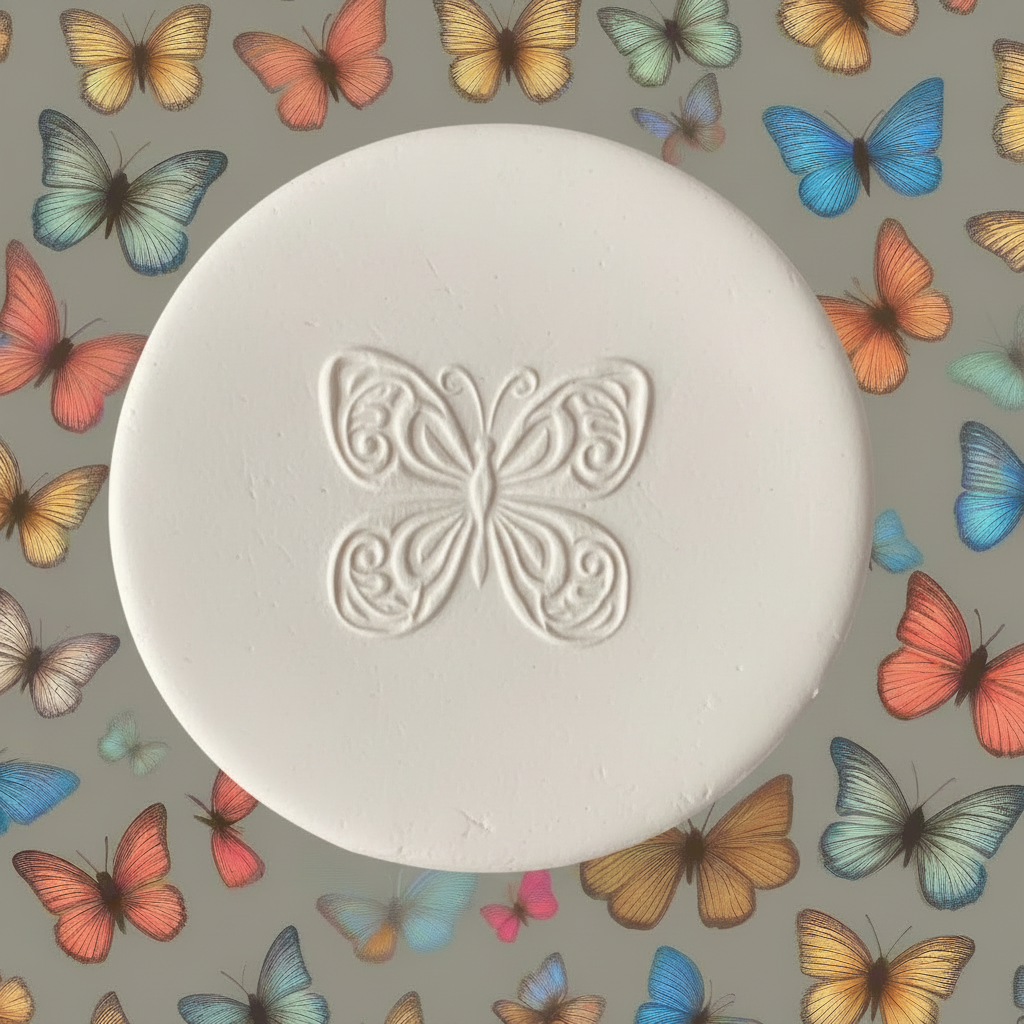 A round white clay stamp with an embossed butterfly design in the centre, surrounded by a border of colourful artificial butterflies on a matching pink background.