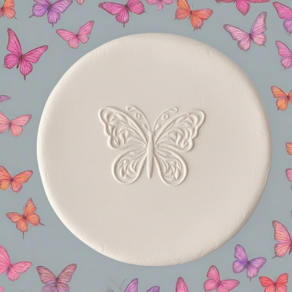 A round white clay stamp with an embossed butterfly design in the centre, surrounded by a border of colourful artificial butterflies on a matching pink background.