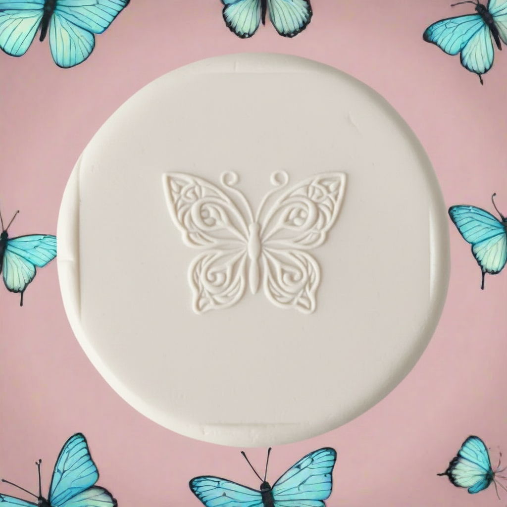 A round white clay stamp with an embossed butterfly design in the centre, surrounded by a border of colourful artificial butterflies on a matching pink background.