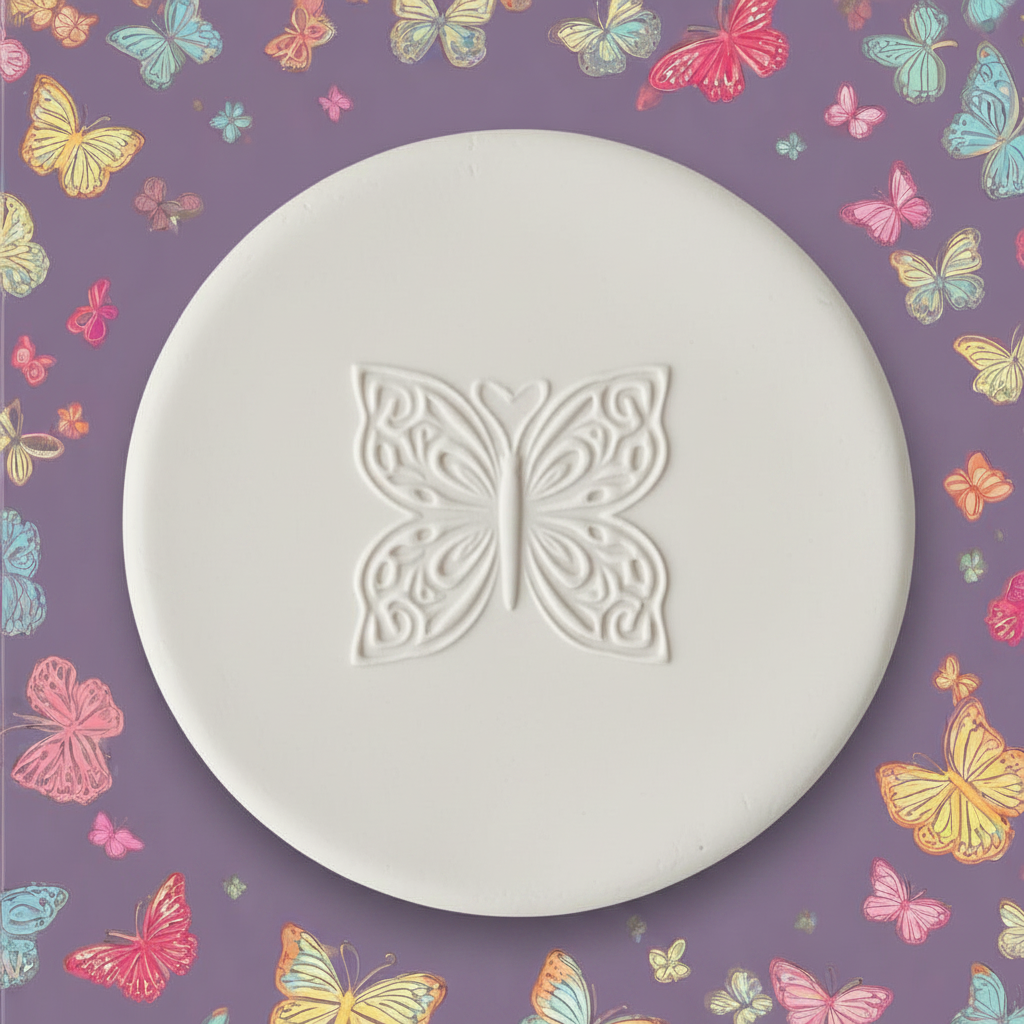 A round white clay stamp with an embossed butterfly design in the centre, surrounded by a border of colourful artificial butterflies on a matching purple background.