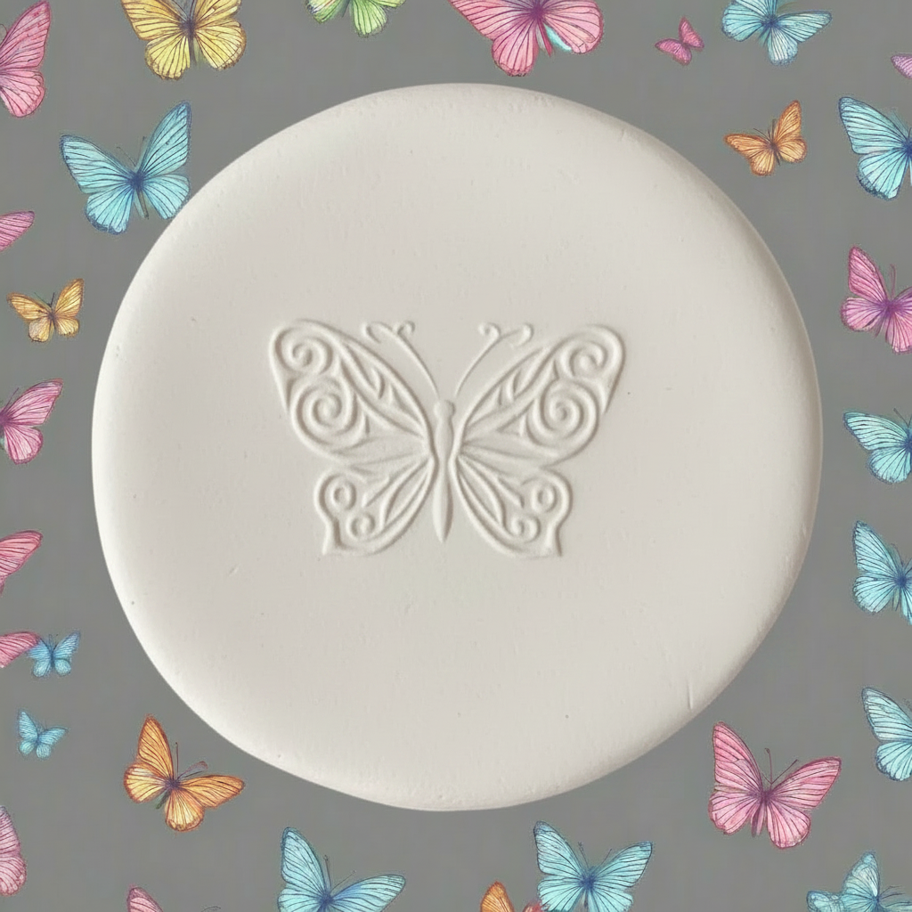 A round white clay stamp with an embossed butterfly design in the centre, surrounded by a border of colourful artificial butterflies on a matching pink background.