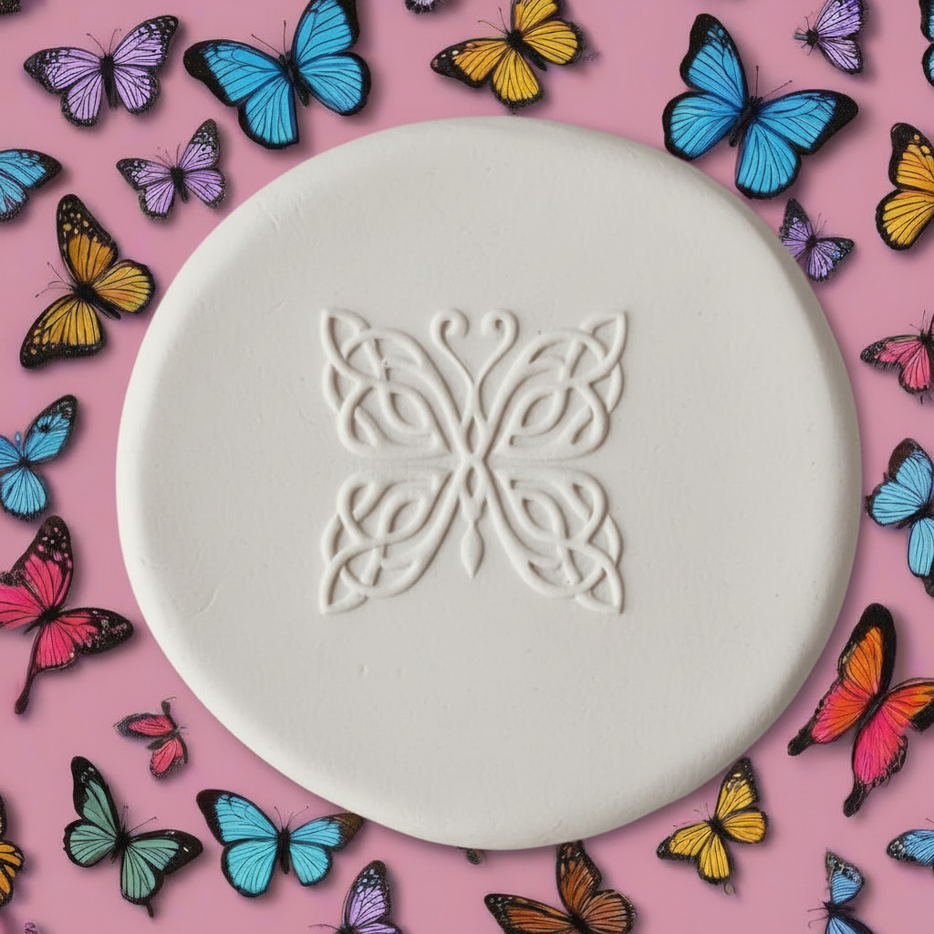 A round white clay stamp with an embossed butterfly design in the centre, surrounded by a border of colourful artificial butterflies on a matching pink background.