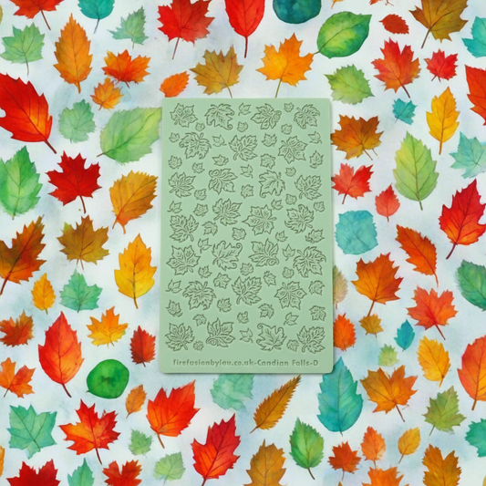A 95 x 55 mm debossed texture mat with  smaller and larger Canadian leaves such as maple designs. Use to make a embossed impression on metal clay and polymer clay.