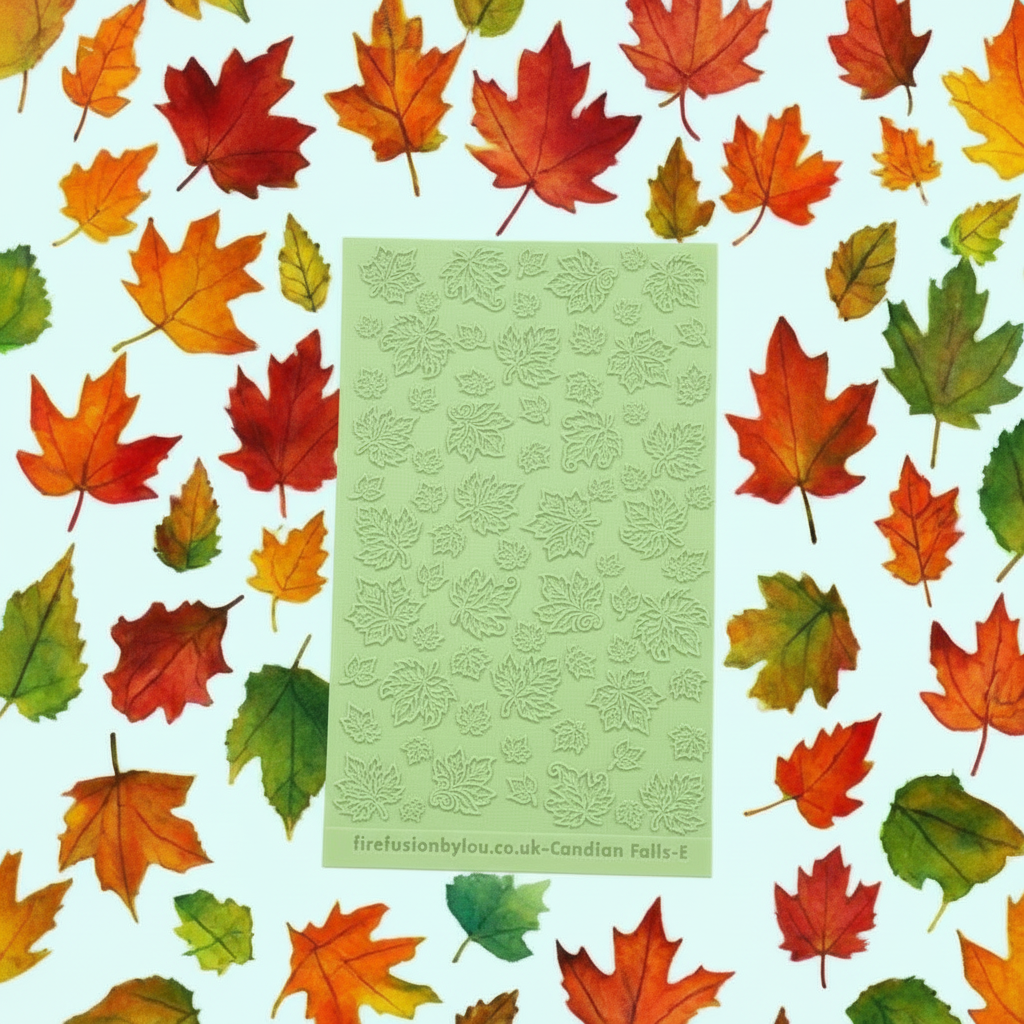 A 95 x 55 mm embossed texture mat with  smaller and larger Canadian leaves such as maple designs. Use to make a debossed impression on metal clay and polymer clay.