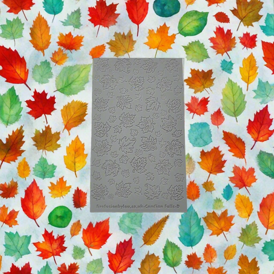 A 95 x 55 mm debossed texture mat with  smaller and larger Canadian leaves such as maple designs. Use to make a embossed impression on metal clay and polymer clay.