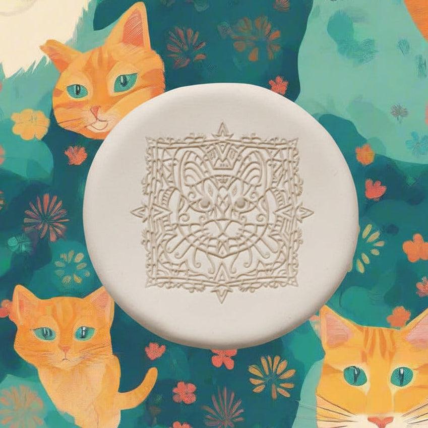 Cats embossed in clay with a cheerful cat background in cartoon.